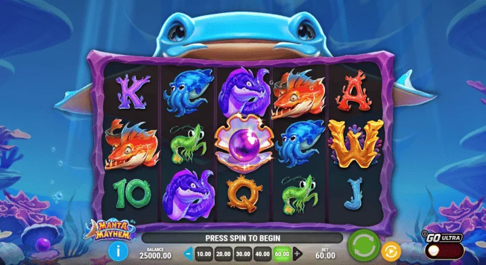 Manta Mayhem - screen ng laro na nagpapakita ng reels at manta ray
